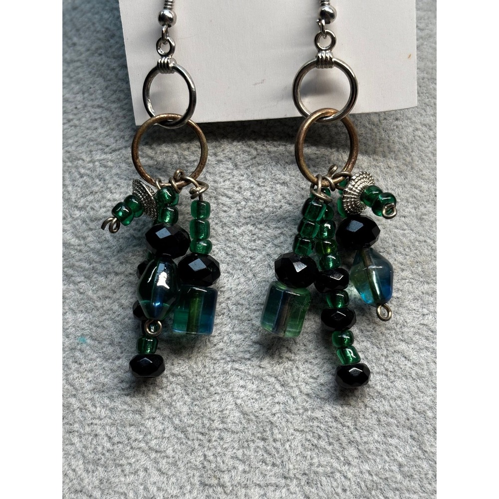 #38. Green & Black Beaded Cluster Dangle Earrings